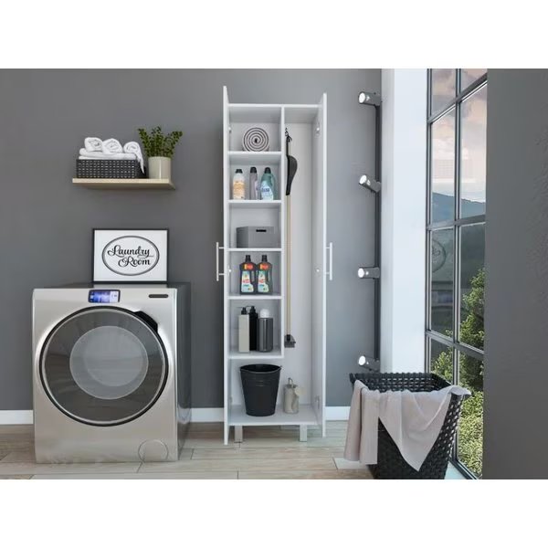 Nala Cleaning Cabinet, Double Door Cabinet, Four Legs, Five Shelves, White, Tuhome, Mfr#: MLB5584